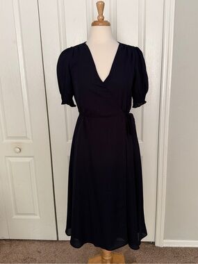 Alex Marie Navy Blue Wrap Dress Size 6 | V-Neck Puff Sleeve Midi Dress
